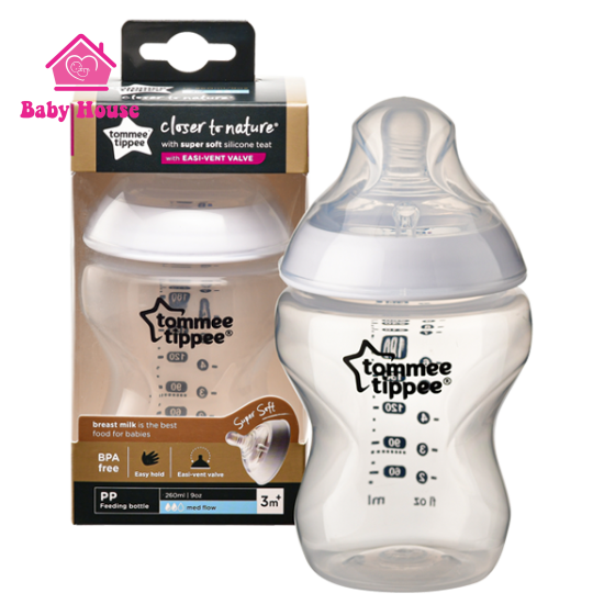 Bình sữa ty siêu mềm tự nhiên Tommee Tippee Closer to Nature 260ml, núm ty đi kèm 3-6 tháng