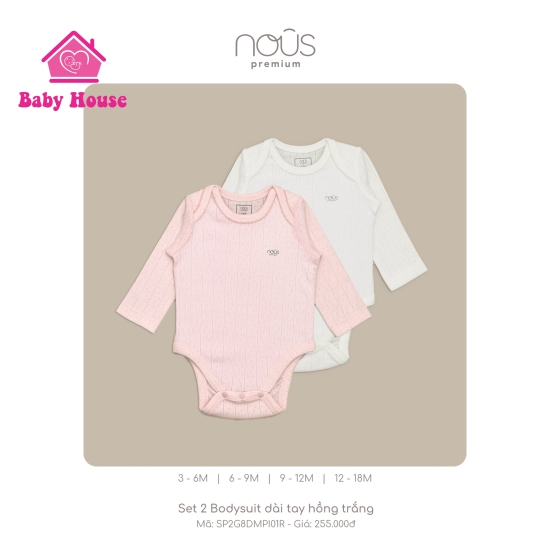 Set 2 Bodysuit Nous dài tay hồng trắng 