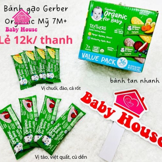 bán lẻ 1 thanh Bánh gạo ăn dặm Gerber Organic Mỹ vị chuối đào cà rốt, táo việt quất củ dền (7M+)