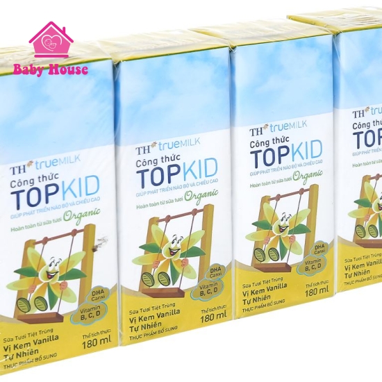 Lốc 4 hộp sữa tươi TH Top Kid Organic vị kem vani tự nhiên