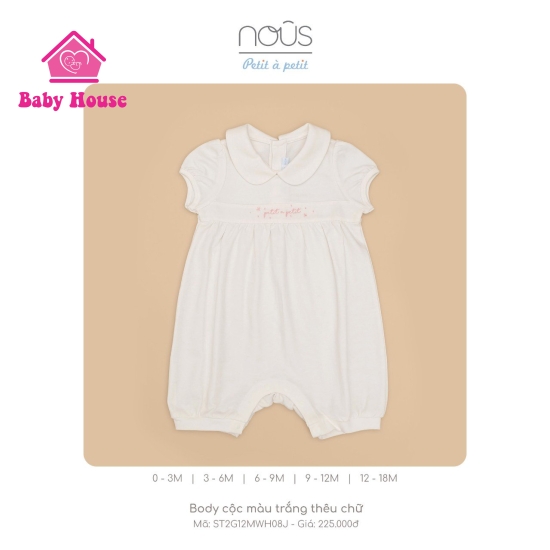 Body cộc Nous màu trắng thêu chữ 0-12M