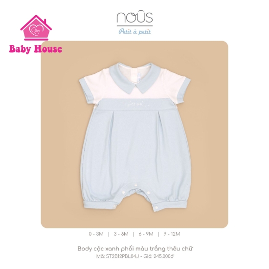 Body cộc Nous xanh phối màu trắng thêu chữ 0-6M