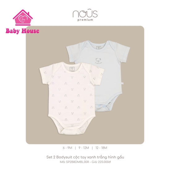 Set 2 Bodysuit Nous cộc tay xanh trắng hình gấu