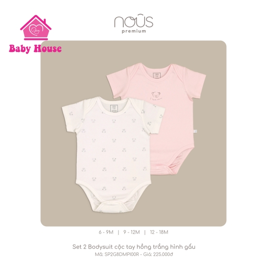 Set 2 Bodysuit Nous cộc tay hồng trắng hình gấu